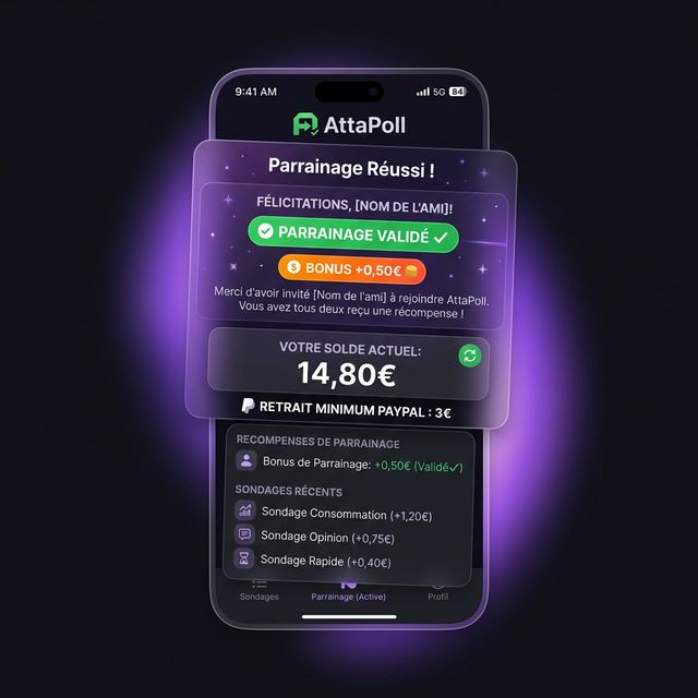 Preuve de parrainage AttaPoll : bonus 0,50€ et retrait dès 3€ sur PayPal