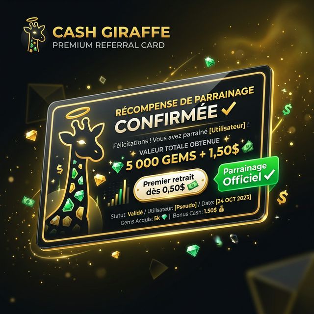 Preuve de parrainage Cash Giraffe : retrait PayPal dès 0,50$
