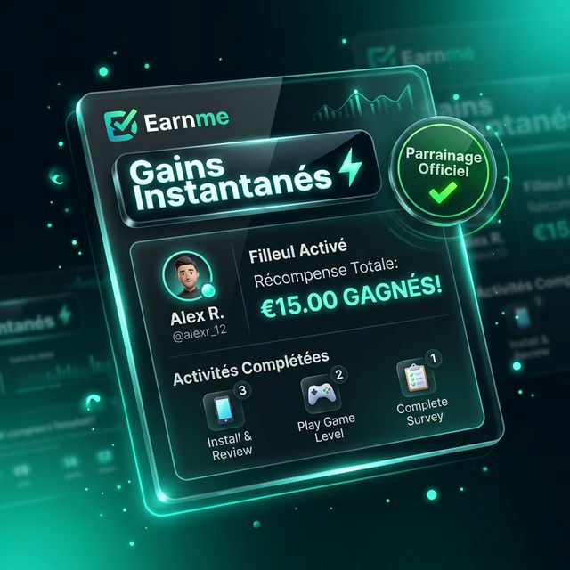 Preuve de parrainage Earnme : gains crédités instantanément sur micro-tâches
