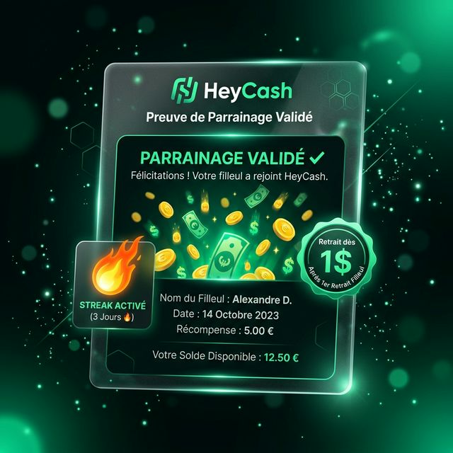 Preuve de parrainage HeyCash : retrait dès 1$ et 10% des gains de vos filleuls