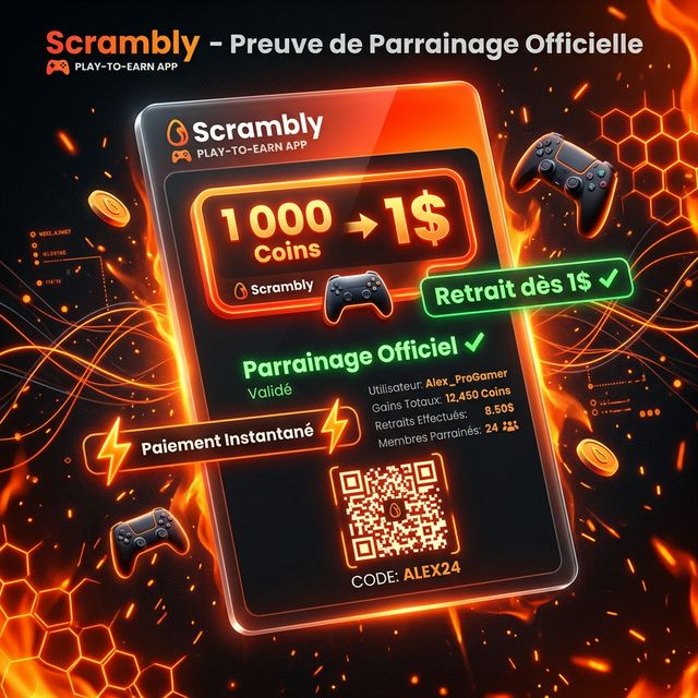 Preuve de parrainage Scrambly : paiement instantané dès 1$, 1000 Coins = 1$