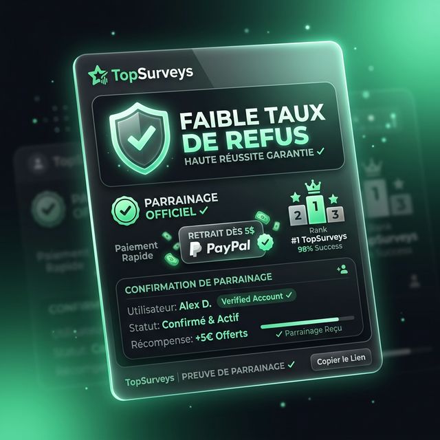 Preuve de parrainage TopSurveys : faible taux de refus et PayPal dès 5$